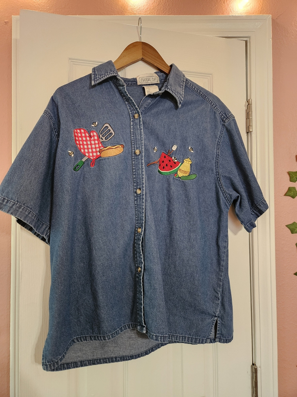 Embroidered Blue Denim Button-Up Shirt with Fruit & Picnic Motifs